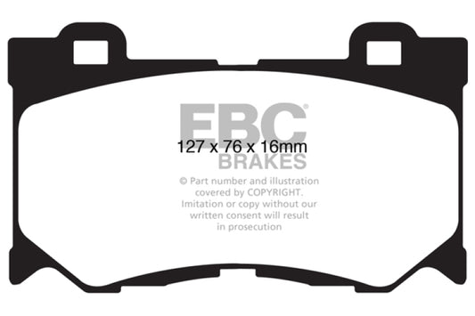 EBC Redstuff front brake pads for Infiniti FX50 5.0, performance brake pads with red friction material, shown in the image.