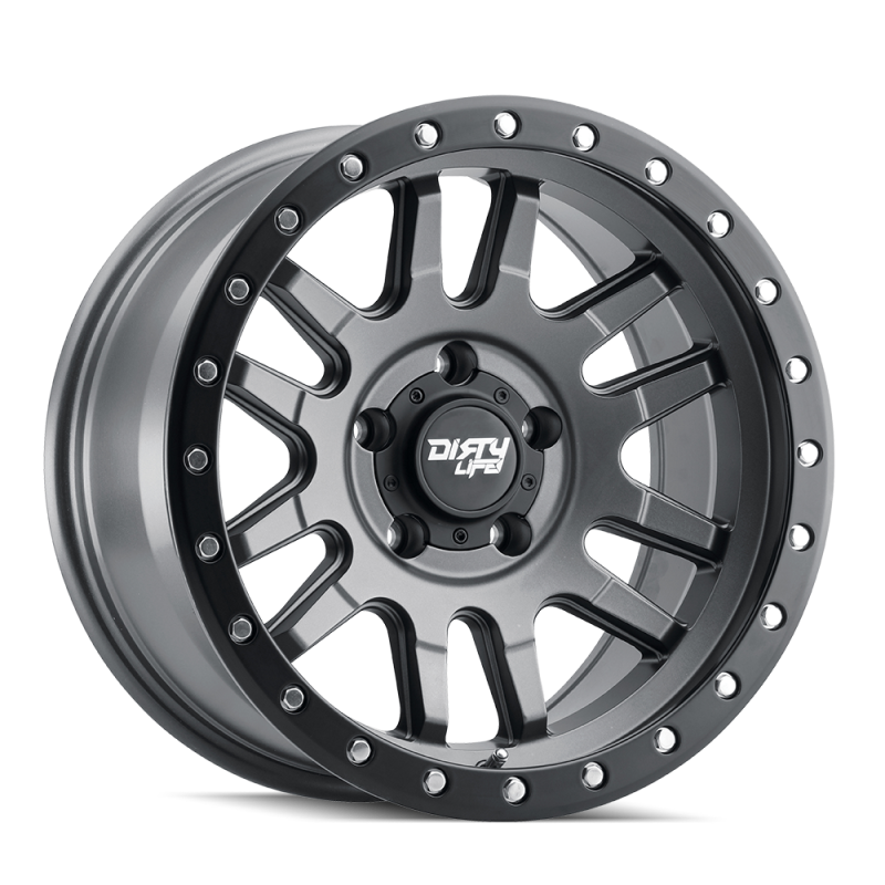 Dirty Life Canyon Pro 17x9 satin graphite beadlock cast wheel with 6x139.7 bolt pattern and 0mm offset, 106mm hub.