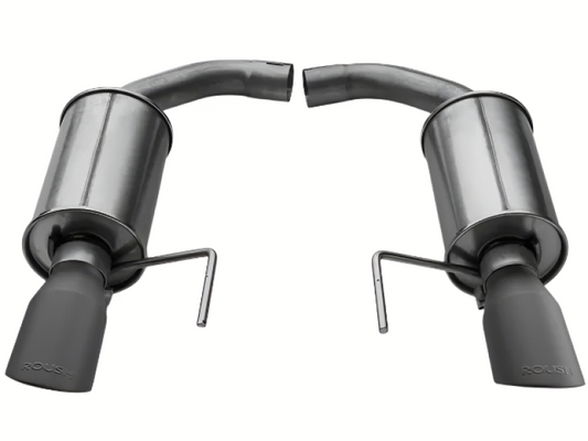 Roush black tip axle back exhaust system installed on a Ford Mustang V6 and EcoBoost, showcasing the sleek exhaust tips.
