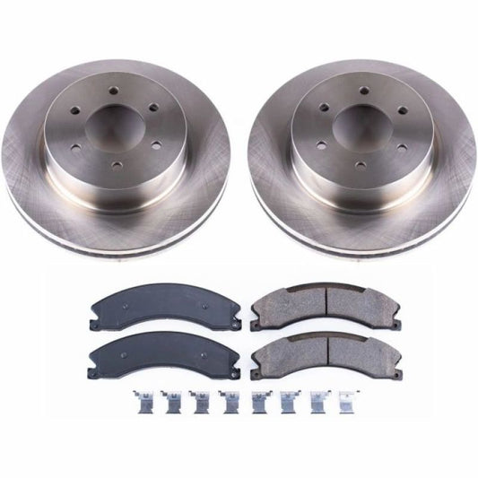 PowerStop OE brake rotors for Nissan Titan XD 2016-2022 front brake kit, showing the new rotors installed on the vehicle.