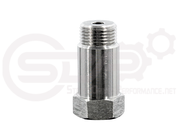 Street Driven Performance SDP exhaust straight O2 sensor restrictor, close-up of the metal sensor with wiring for vehicle exhaust system.