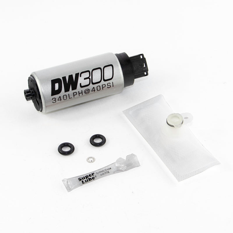 DeatschWerks 320 LPH in-tank fuel pump with setup kit for Hyundai Genesis Coupe 08+ and Kia Forte 10-13, showing pump components.