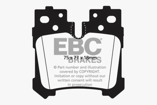 EBC Redstuff rear brake pads for Lexus LS460 4.6 performance braking, showing the red friction material and metal backing plates.
