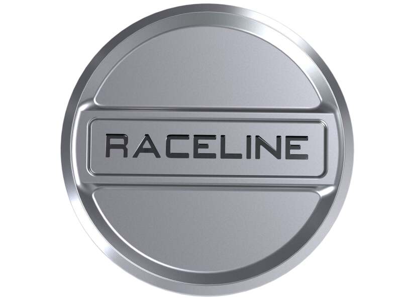 Raceline 960MB silver snap-in wheel center cap showing its round design and branding, suitable for vehicle wheel enhancement.