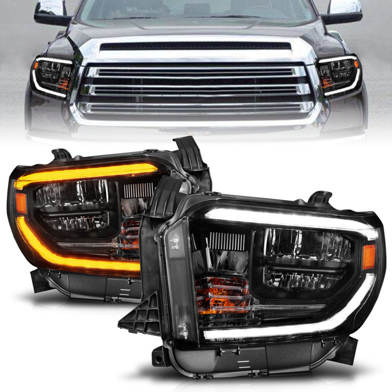 ANZO LED crystal headlights for 2014-2017 Toyota Tundra with black housing, switchback DRL, and modern lighting design
