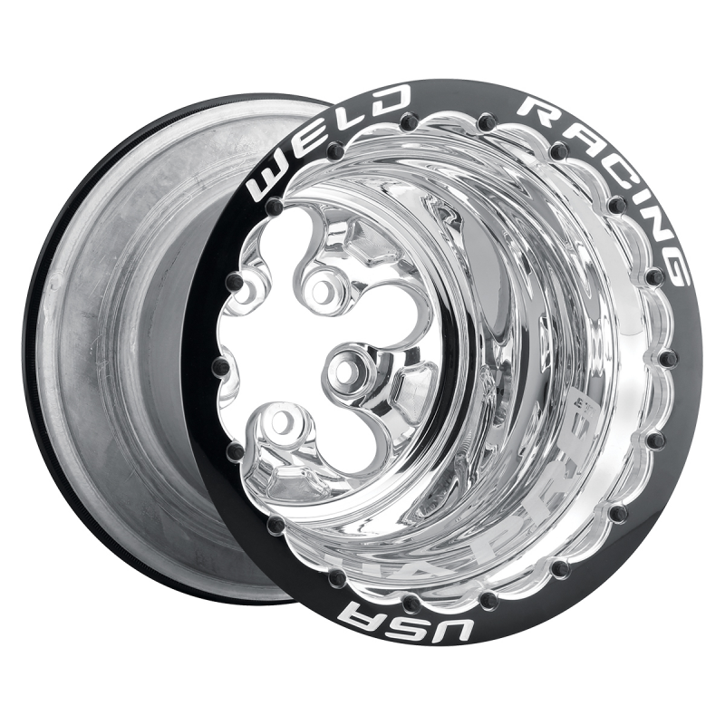 Weld Alpha-1 Pro forged wheel with black center and polished shell, featuring 15x14 inch size and 5x4.75 bolt pattern.