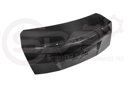 Carbon fiber rear trunk lid replacement for 2009-2015 Cadillac CTS and CTS-V V2 sedan, showing sleek, lightweight design.