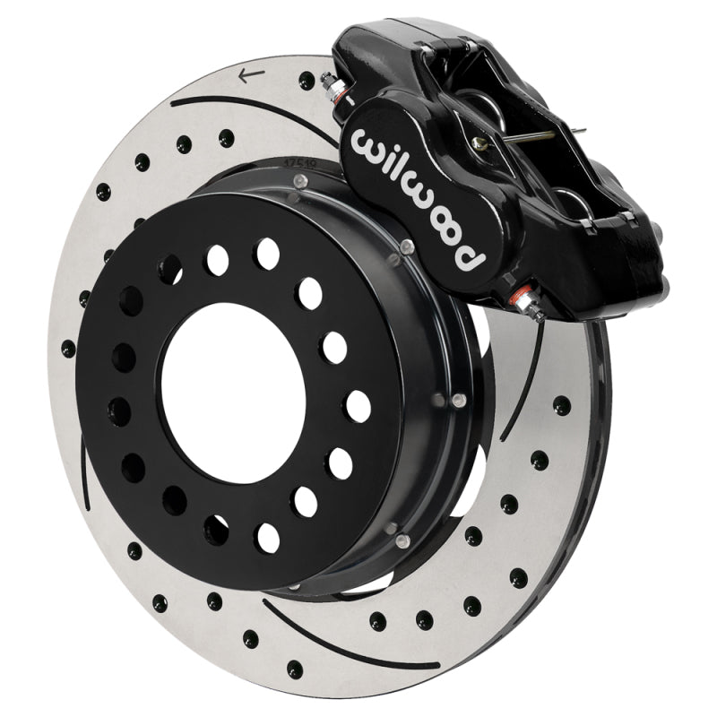 Wilwood Ford Mustang II forged Dynalite front brake kit with 11.38-inch drilled and slotted black rotors and calipers.