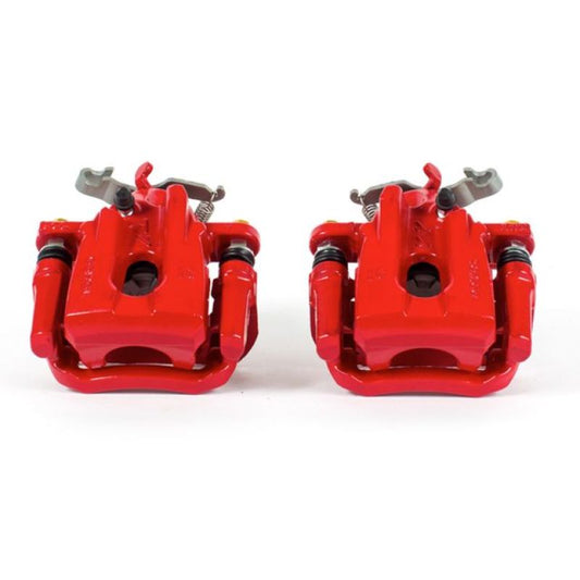 Pair of Power Stop 2016 Scion iM rear red performance brake calipers with brackets, shown installed on vehicle wheels.