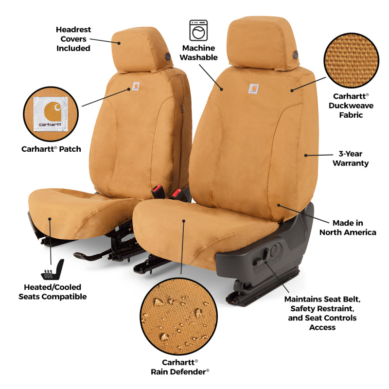 Covercraft Carhartt front seat covers for Dodge Nitro 2007-2009, durable custom-fit seat covers with Carhartt fabric.