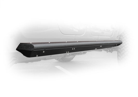 DV8 Offroad Jeep Gladiator side steps and sliders installed on a 2019+ model, showcasing durable black metal construction.