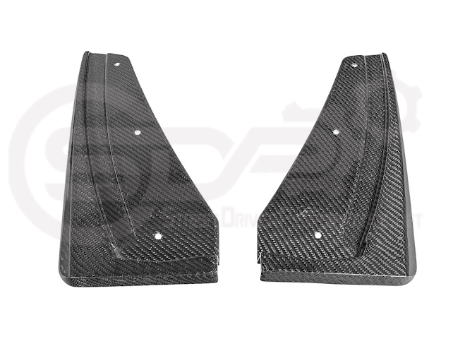 Pair of black carbon fiber mud flaps for 2022-up Cadillac CT5-V Blackwing, featuring Street Driven Performance branding.