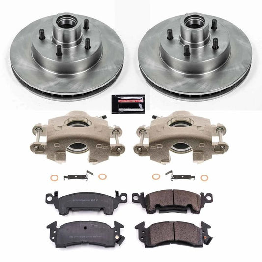 PowerStop OE brake rotors from the 1977 Cadillac Fleetwood front Autospecialty kit with calipers, showing clean, new brake components.