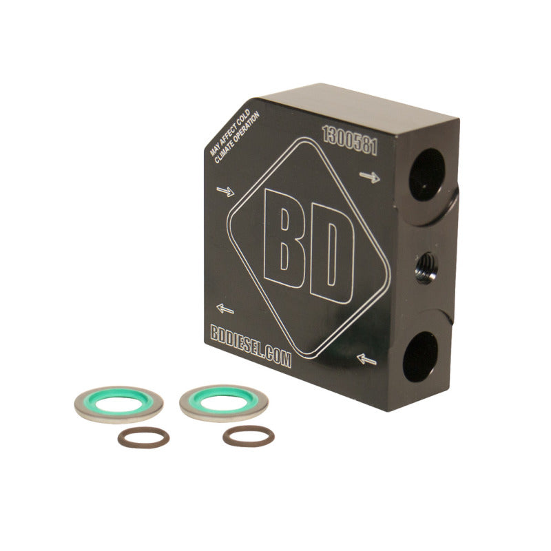 BD Diesel thermostat bypass for 2019 Dodge 6.7L 68RFE/Aisin AS69RC diesel engine, shown in the image.