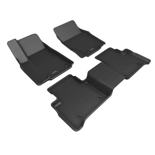 Black 3D MAXpider rubber floor mats for Jeep Grand Cherokee 2022-2023, featuring textured surface and custom fit for all rows.