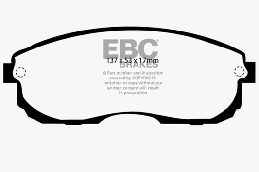 EBC Redstuff front brake pads for Infiniti G20 2.0, performance brake pads with red friction material and metal backing plates.