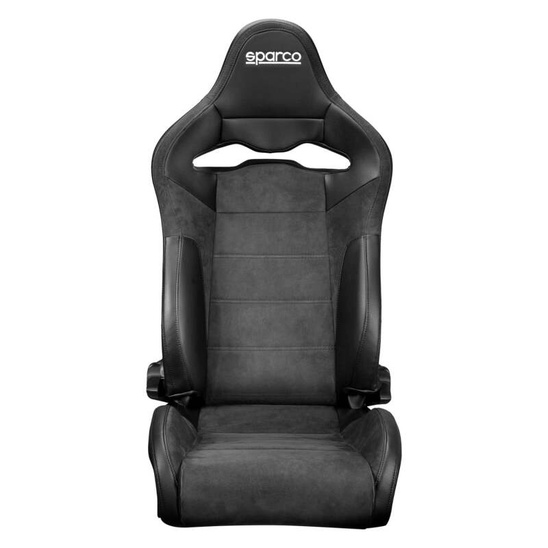 Black Sparco SP-R race seat with white logo and side bolsters, designed for racing and high-performance driving.