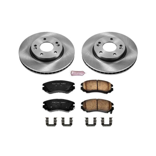 PowerStop OE front brake kit for 2010-2011 Kia Soul, includes brake pads and rotors, designed for reliable stopping performance.
