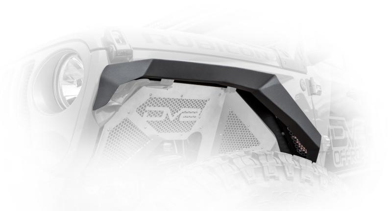 DV8 Offroad Jeep Wrangler JL armor fenders with integrated LED turn signal lights, rugged off-road protection for 2018+ models