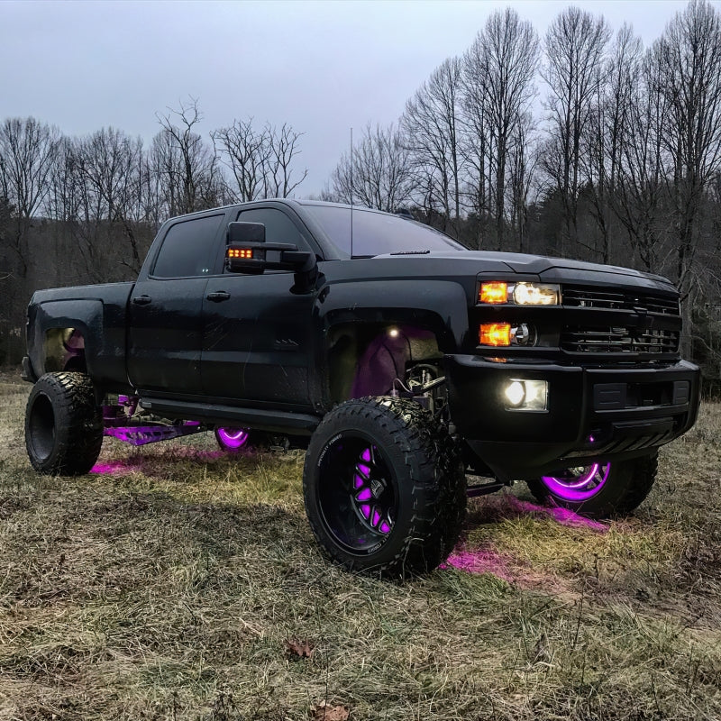 Oracle Lighting LED illuminated wheel rings with ColorSHIFT technology, showcasing vibrant multi-color light strip on a vehicle wheel
