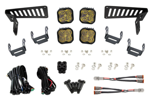 Diode Dynamics SS3 Cowl LED bracket kit for Jeep JL Wrangler and Gladiator in yellow, showing light mount installation on vehicle cowl.