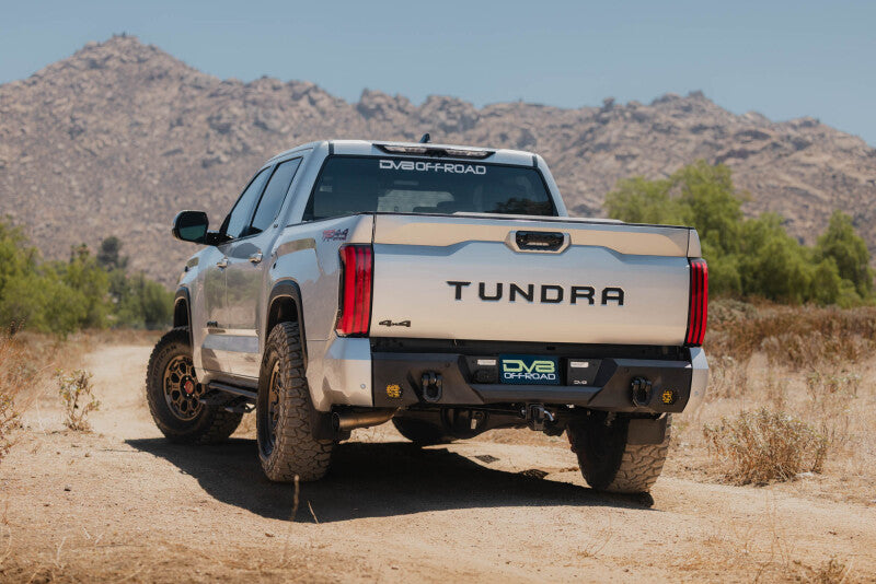 Steel rear bumper for Toyota Tundra from DV8 Offroad Spec Series, featuring rugged design and heavy-duty construction.