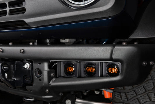 Oracle Lighting Ford Bronco triple LED fog light kit installed on steel bumper, showcasing high-performance fog lights for model years 21-22.