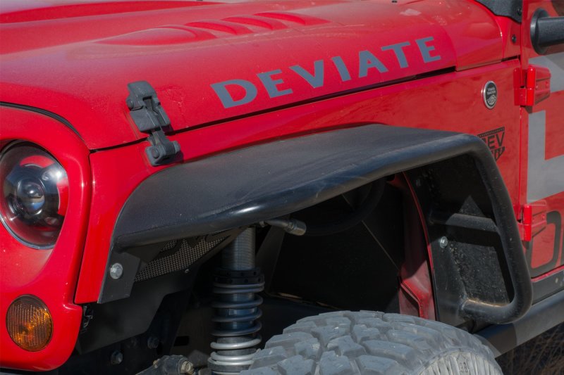 DV8 Offroad Jeep Wrangler JK flat tube fenders in front and rear, showcasing rugged off-road design and matte black finish.