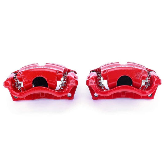 Pair of PowerStop red front brake calipers with brackets for Mazda 3 (2014-2018), performance brake calipers for enhanced stopping power.
