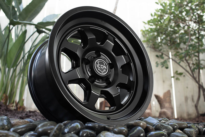 ICON Nuevo 17x8.5 satin black cast wheel with 5x150 bolt pattern, 25mm offset, and 5.75-inch backspacing.