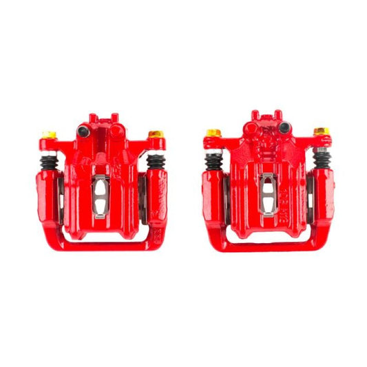 Pair of PowerStop red rear brake calipers with brackets for Honda CR-V 2007-2011, performance brake calipers.