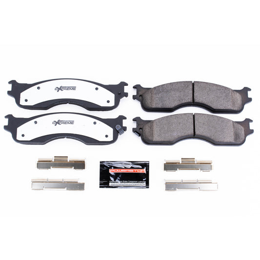 PowerStop Z36 performance front brake pads with hardware for 2004 Dodge Ram 1500 truck, designed for towing and stopping power.