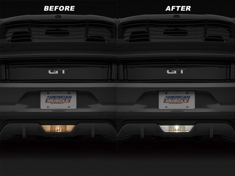 Raxiom Ford Mustang reverse light LED conversion kit with axial series light bars, designed for 2015-2023 models.
