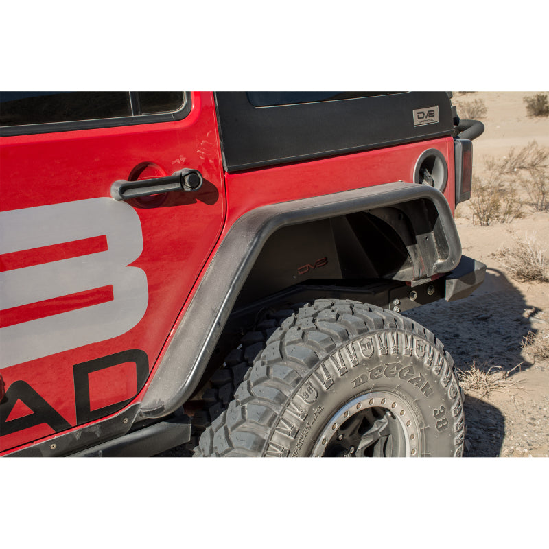 DV8 Offroad Jeep Wrangler JK flat tube fenders in black for front and rear, designed for off-road protection and rugged style.
