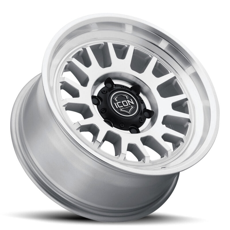 ICON Anza 17x8.5 silver machined cast wheel with 5x150 bolt pattern and 25mm offset, featuring a 5.75-inch backspacing.