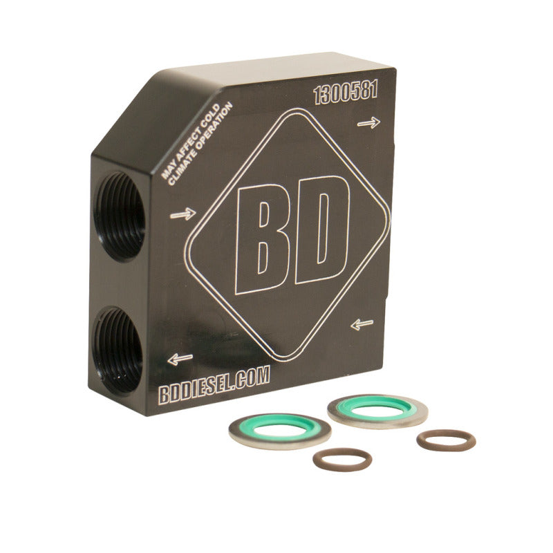 BD Diesel thermostat bypass for 2019 Dodge 6.7L with 68RFE/Aisin AS69RC transmission, showing the bypass component and installation details.