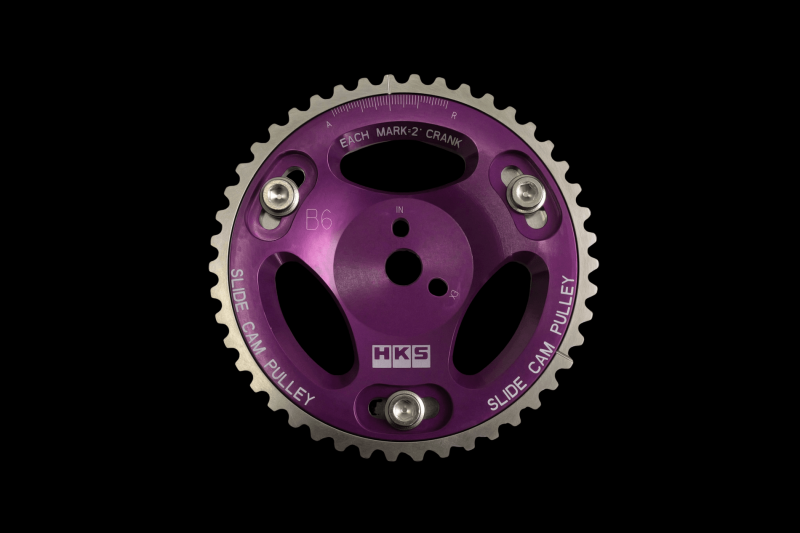 HKS slide cam pulley for B6/BP engines, high-performance cam gears with precise adjustment and durable construction.