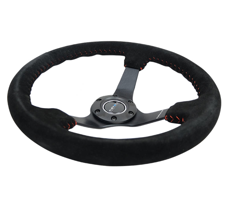 NRG reinforced 350mm black suede steering wheel with red ball stitch and 5mm matte black spokes for racing or performance cars.