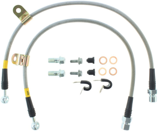 StopTech stainless steel front brake line kit for 2006-2007 Chrysler 300C SRT-8, showing detailed brake lines installed on vehicle.