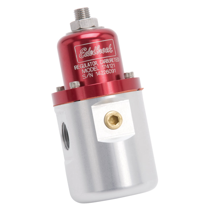 Edelbrock fuel pressure regulator for carbureted engines, red and clear, 3/8-inch in/out, 5-10 PSI, 160 GPH flow rate.