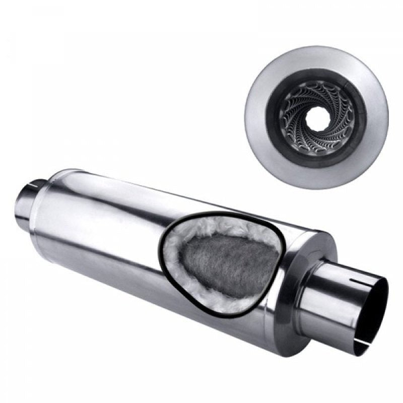 Diamond Eye Performance muffler with 4-inch inlet and 7-inch diameter, slotted ends, 24-inch body, 30-inch length, stainless steel exhaust component.
