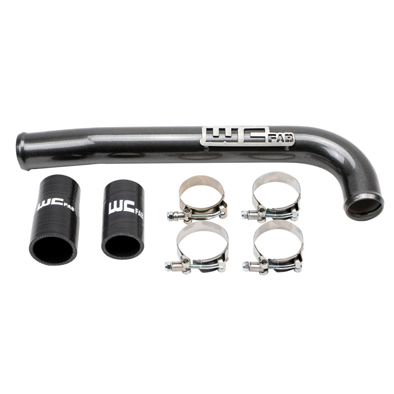 Wehrli 03-09 Cummins upper coolant pipe radiator hose in Illusion Blueberry, with flexible rubber and metal fittings.