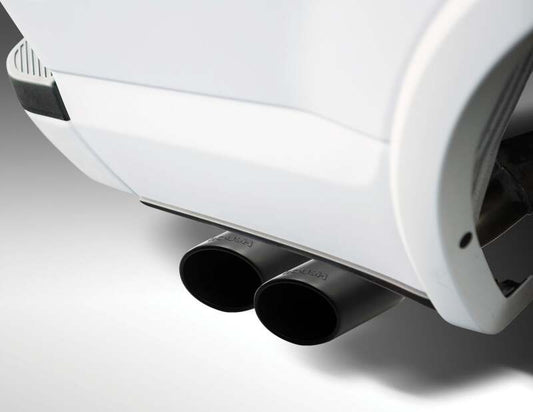Pair of Roush 15-24 Ford F-150 5.0L black exhaust tips with dual outlets, designed for a sleek, custom truck exhaust upgrade.