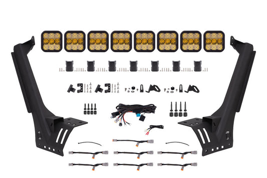 Diode Dynamics Jeep JL SS5 Pro CrossLink windshield yellow combo light bar kit with bright LEDs and durable mounting hardware.