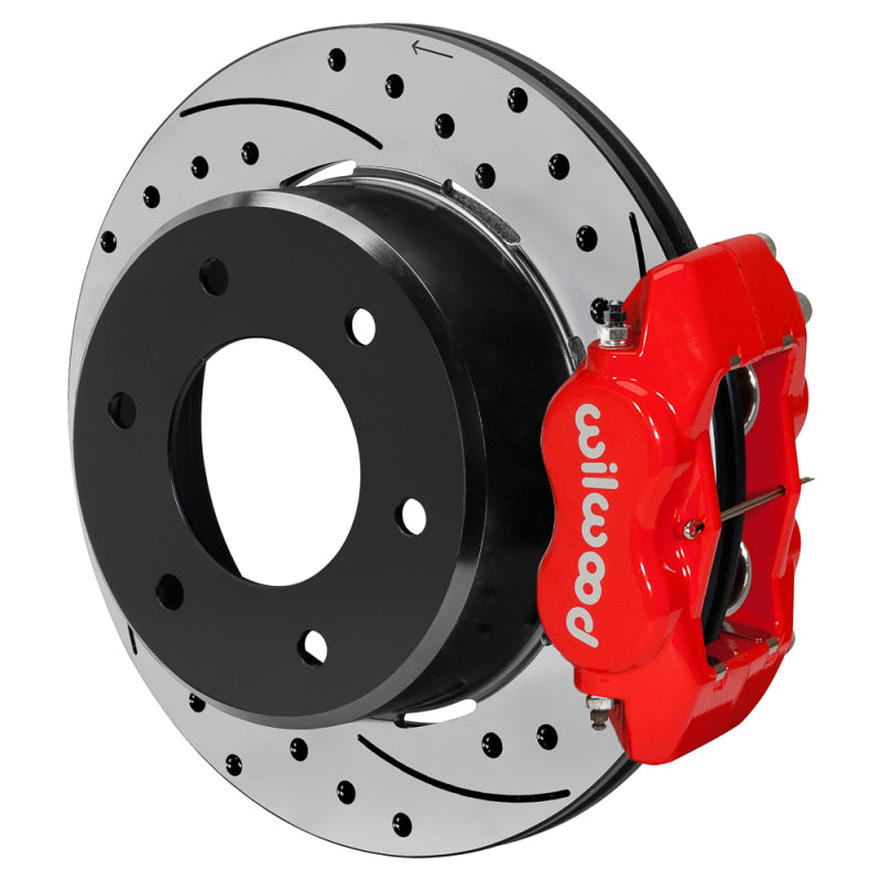 Wilwood forged Dynalite rear brake kit for Chevy Blazer, featuring 12.19-inch drilled and slotted rotors with red brake calipers.