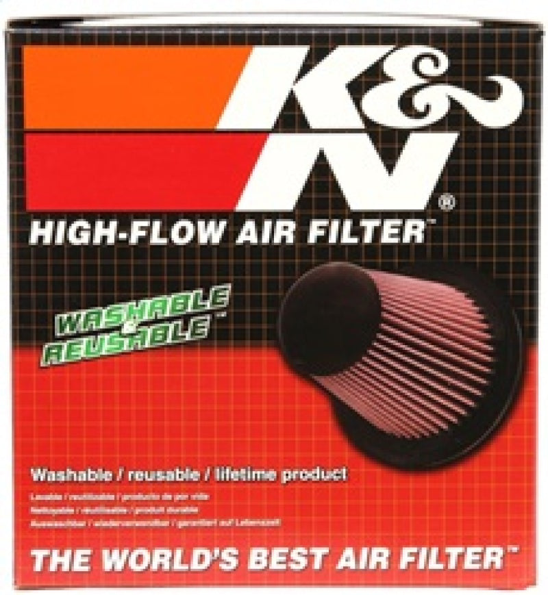 K&N Engineering universal rubber air filter with 5-inch flange, 6.5-inch base, 4.375-inch top, and 7-inch height for automotive use.