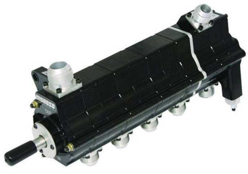 Moroso Black Series 5 Stage Dry Sump Oil Pump with .875-inch pressure, left side view, designed for high-performance automotive engines.