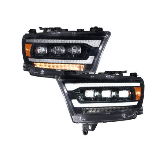 Pair of FORM Lighting 2019-2024 Ram 1500 sequential LED projector headlights showing the sleek headlight design and LED light accents.