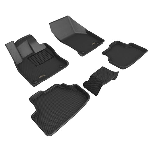 Black 3D MAXpider rubber floor mats for Volkswagen Golf GTI and Golf R, with textured surface and custom fit for 2021-2023 models.