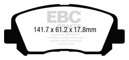 EBC 15+ Chrysler 200 2.4 Redstuff front performance brake pads installed in a vehicle's brake caliper system